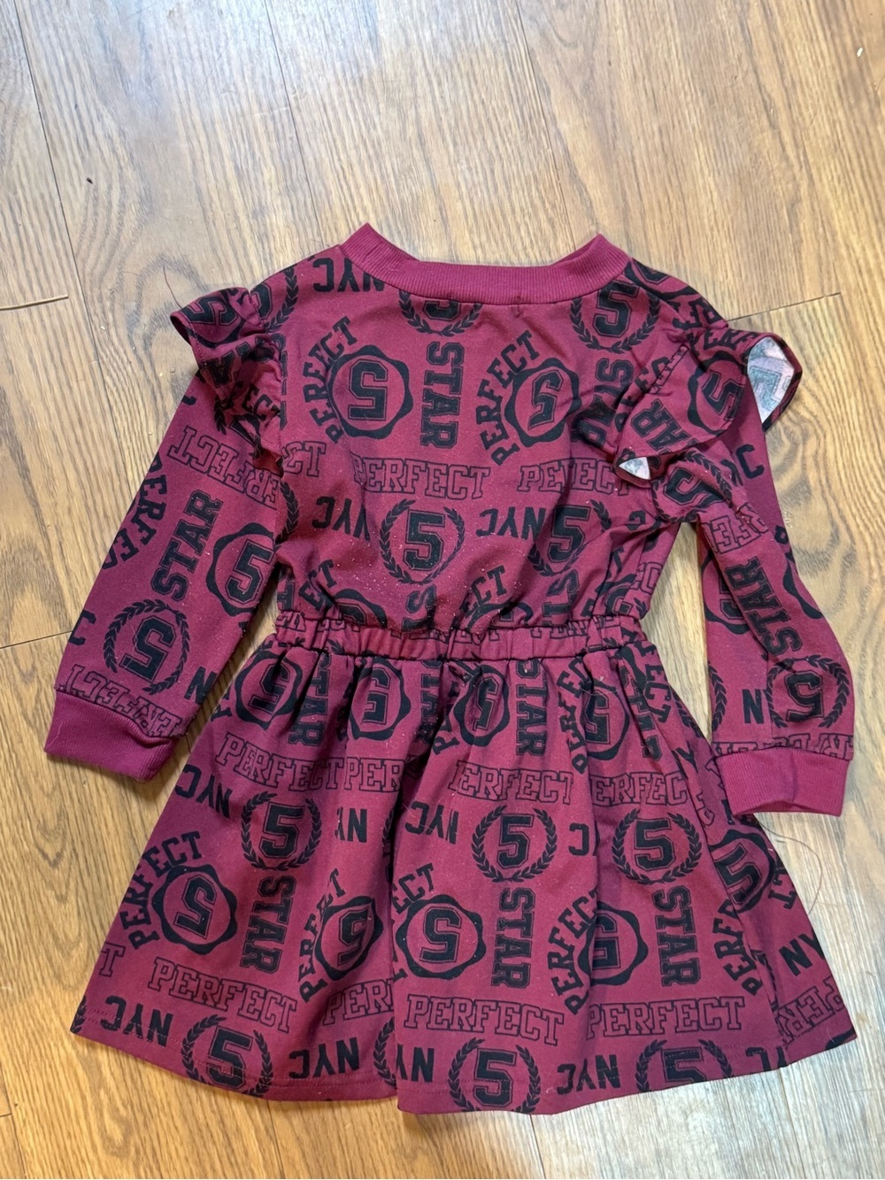 Girls Burgundy Graphic Ruffle-Shoulder Casual Dress. Sporty Varsity - Picture 2 of 9
